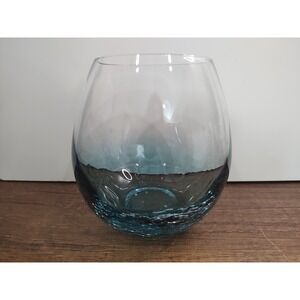 Pier 1 Crackle Gass Stemless Wine Tumbler Dark Teal Blue Ombre 16oz Retired W2